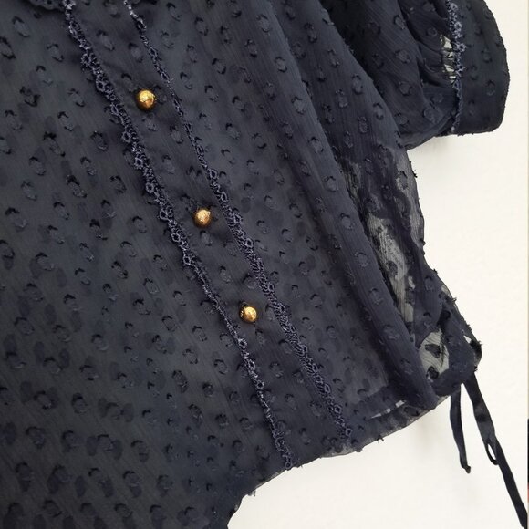 La Chapelle Navy Blue Sheer Chiffon Ruffle Batwing Blouse Top Romantic Coquette - Picture 12 of 15
